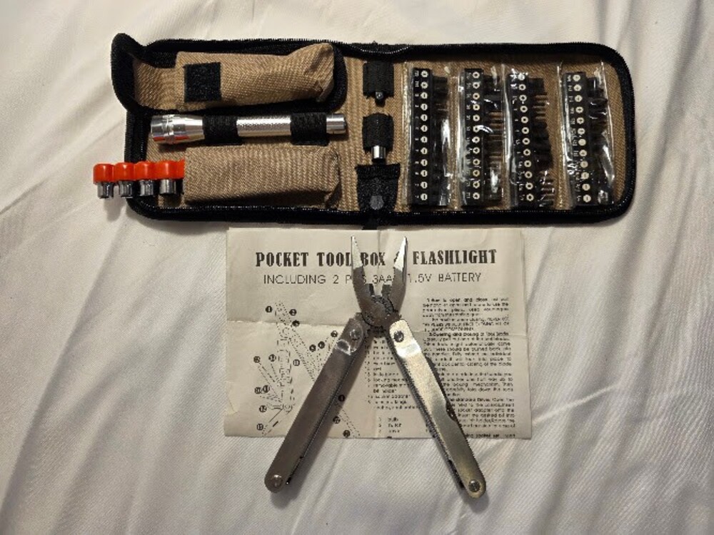 Pocket Tool Box Multi-Tool Flashlight Combo with Bits and Sockets - Grabber Inte